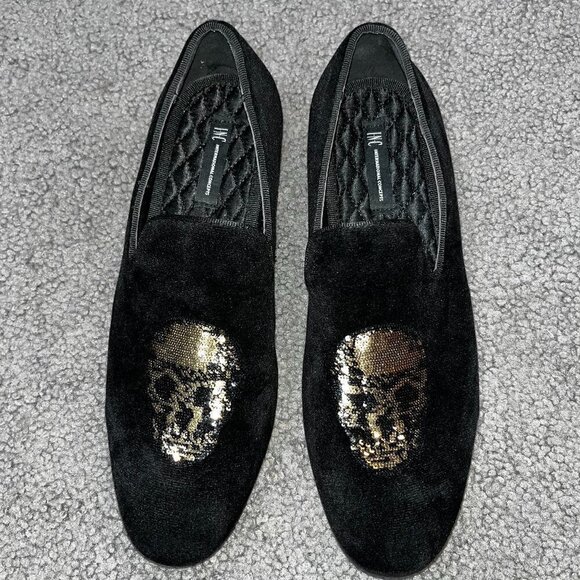Sequin SKULL Black VELVET Slipper Shoes to wear for Halloween NWOT Men's 8 - Picture 1 of 6